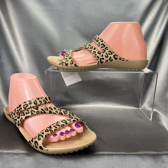 Crocs Kadee II Leopard Sandals Women's 7 Strappy Slides Spring Shoes 206894-90L - Picture 1 of 14